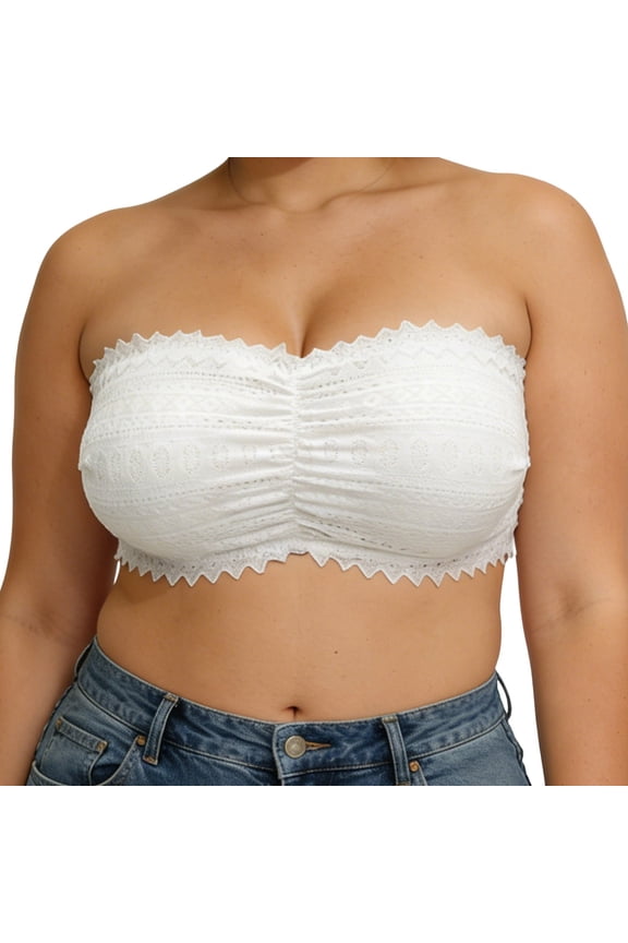 Back Cross Closure Strapless Bralettes for Women Full Coverage No Underwire Soft Support Bras Push up Wavy-Edge Solid Color Non Bandeau Bras for Ladies White XL