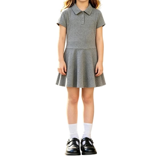 Arlun Back to School Polo Shirt Dresses for Girls Lapel Button up V-Neck Short Sleeve Pleated Dress Children's College Style Soft Cozy Pure Color Casual Dress 1-Grey 140/9Y