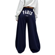 Arlun Barrel Sweatpants Women Paris Letter Print Wide Leg Baggy Sweat Pants 2026 Fall Casual Loose Comfy Workout Pants with Curved Side Seams Design and Pockets Y2k Streetwear