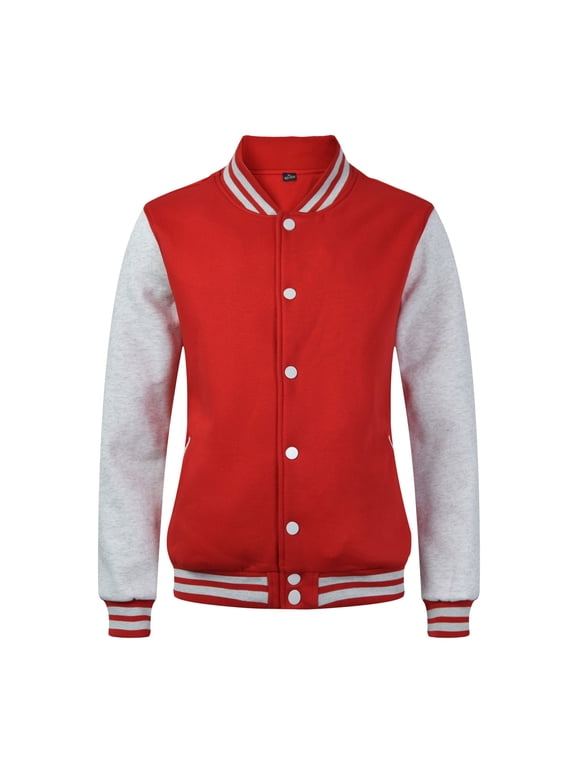 Baseball Jackets for Women 2025 Long Sleeve Button down Casual Letterman Bomber Jackets with Pockets Stand Collar Loose Comfortable Fall Winter Sports Outerwear Red L