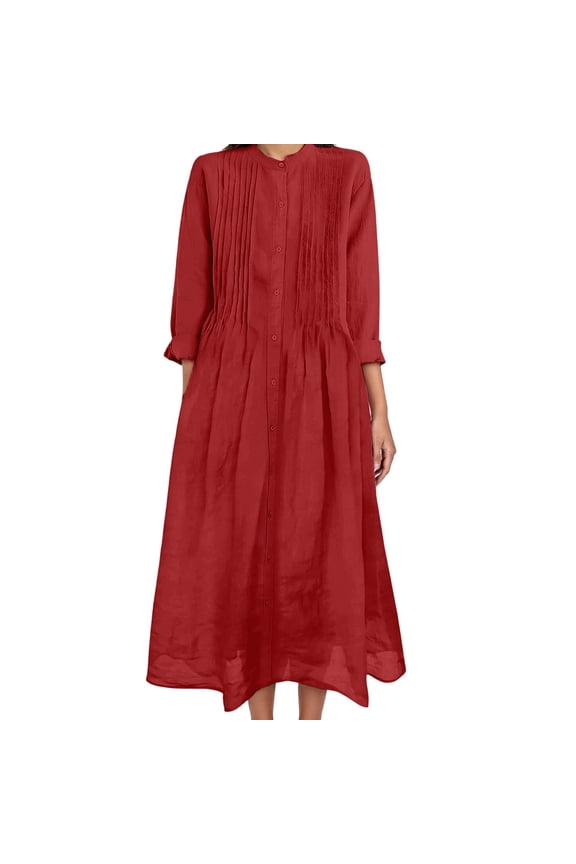 Beach Dresses for Women 2026 Spring Summer Loose Pleated Front Button down Maxi Dress Long Sleeve Lightweight Flowy Vacation Sundress Red XXL