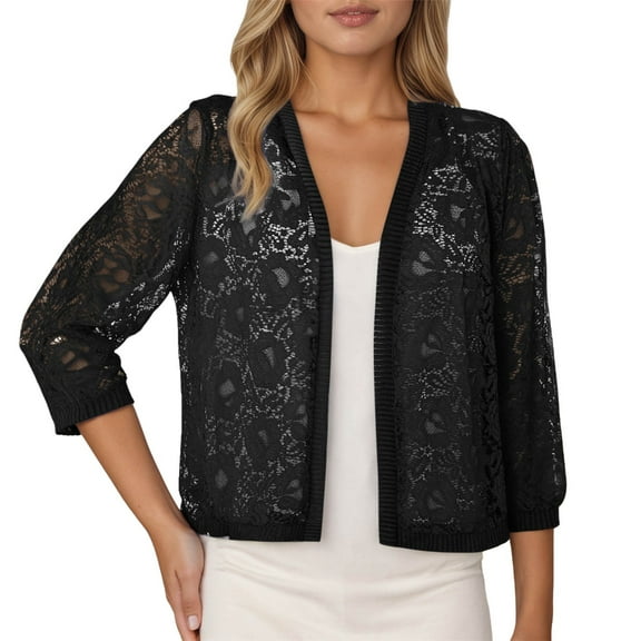 Arlun Black Lace Cardigans for Women 3/4 Sleeve Knit Open Front Elegant Lightweight Casual Tops Basic Solid Color Thin Breathable Fall Fashion Outwear for Daily Wear Black M