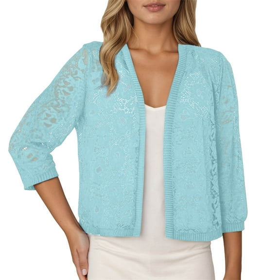 Arlun Black Lace Cardigans for Women 3/4 Sleeve Knit Open Front Elegant Lightweight Casual Tops Basic Solid Color Thin Breathable Fall Fashion Outwear for Daily Wear Light Blue S
