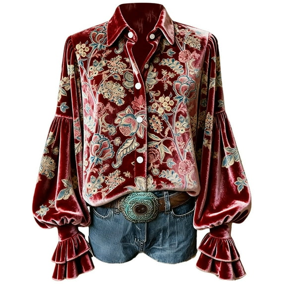 Arlun Blouses for Women Trendy Spring Vintage Flower Embroidery Printing Ruffled Cuffs Top Button down Boho Holiday Elegant Shirts 2026 Stylish Outfit 3-Wine M