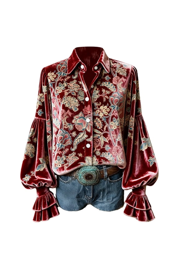 Blouses for Women Trendy Spring Vintage Flower Embroidery Printing Ruffled Top Button down Boho Holiday Elegant Shirts 2026 Stylish Outfit 3- S