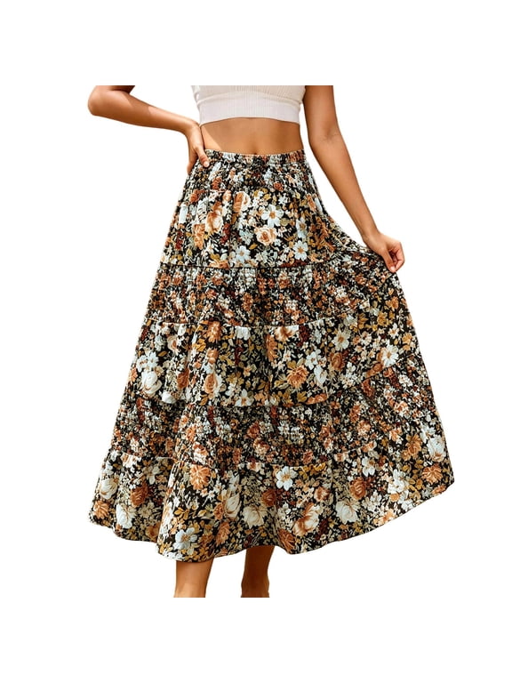 Boho Floral Print Maxi Skirts for Women Elastic Waisted Ruffle Tiered Flowy Casual Vacation Skirt for Everyday 2026 Summer Chiffon Lightweight Pleated A-Line Long Skirts Brown M