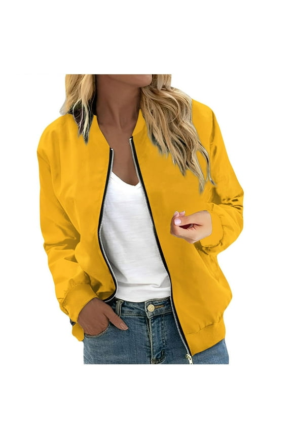 Bomber Jackets Women 2025 Fashion Full Zipper up Solid Color Loose Coats Long Sleeve Stand Collar Fall Jackets Causal Soft Comfortable Lightweight Outerwear Tops Yellow XXL