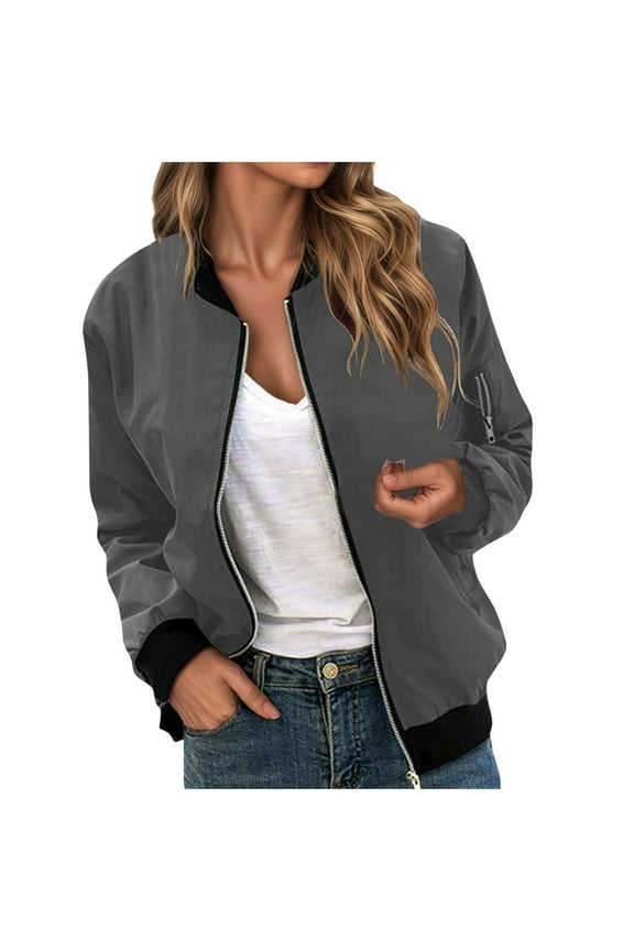 Bomber Jackets for Women 2025 Trendy Stand Collar Zip up Jacket Loose Fit Solid Color Varsity Coat Lightweight Comfortable Soft Casual Outerwear Fall Winter Dark Gray M