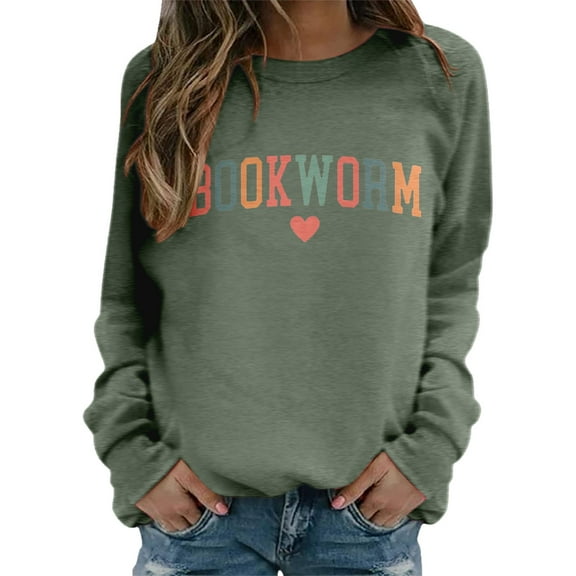 Arlun Book Lover Sweatshirts for Women Bookworm Reading Lined Soft Warm Sweatshirts Loose Fit Comfy Round Neck Teacher Bookish Librarian Leisure Pullover Tops Army Green L