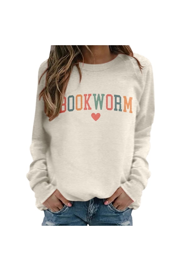 Book Lover Sweatshirts for Women Bookworm Reading Lined Soft Warm Sweatshirts Loose Fit Comfy Round Neck Teacher Bookish Librarian Leisure Pullover Tops Beige M