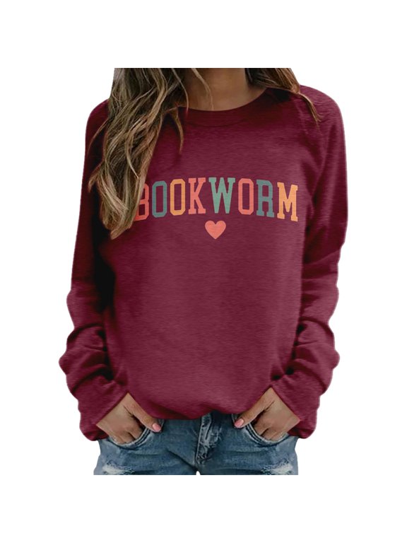 Book Lover Sweatshirts for Women Bookworm Reading Lined Soft Warm Sweatshirts Loose Fit Comfy Round Neck Teacher Bookish Librarian Leisure Pullover Tops XL