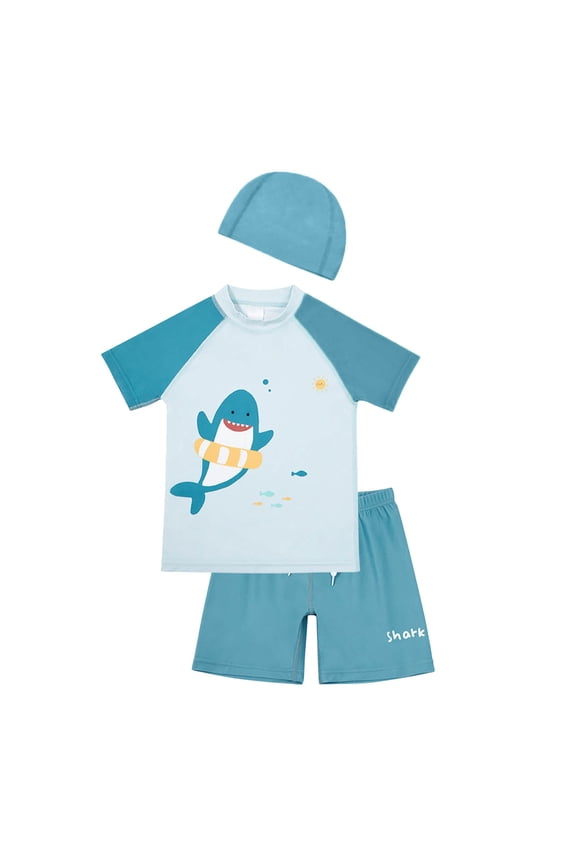 Boys 3 Piece Swimwear Set for Pool Swimming Comfortable Swim Trunks and Rash Guard Short Sleeve Tops Outfit for Kids Summer Beach Water Play with Swim Cap 1-Sky Blue 5-6 Years