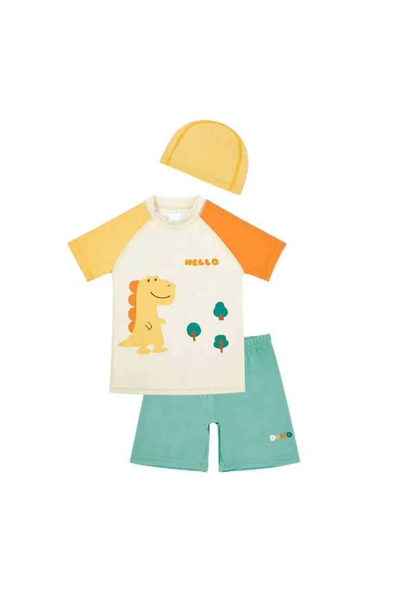 Boys 3 Piece Swimwear Set for Pool Swimming Comfortable Swim Trunks and Rash Guard Short Sleeve Tops Outfit for Kids Summer Beach Water Play with Swim Cap 2-Yellow 8-10 Years