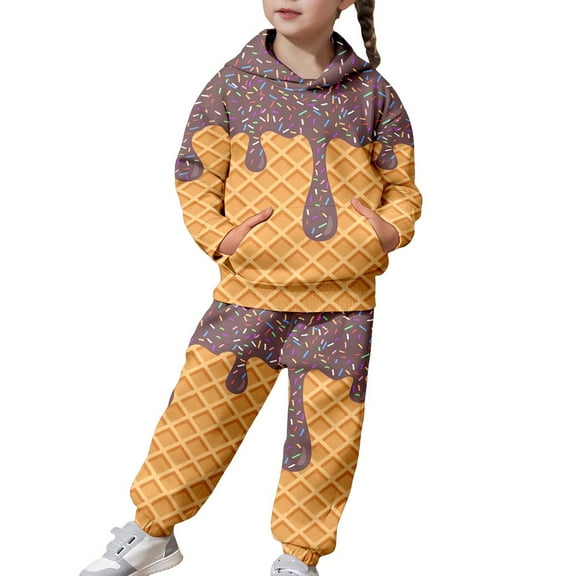 Arlun Boys Girls Ice Cream Graphic Print Sweatsuit 2 Piece Cute Preppy Ice Cream Baseball Long Sleeve Hoodies and Sweatpants Fall Winter Warm Comfy Outfit Sets Brown 130