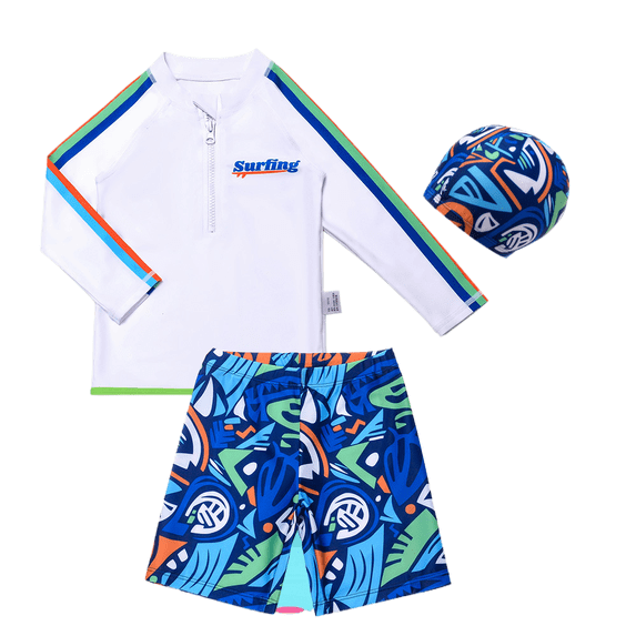 Arlun Boys Long Sleeve Swim Tops and Trunks Funny Print Rash Guard Comfortable Separates Swimwear Sets for Toddler Kids Swimming 3 Piece Quick-Dry Swimsuits with Cap Blue 9-10 Years