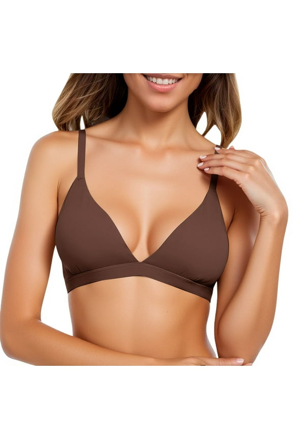 ,Bras for Women Triangle Cups No Underwire Bralettes Adjustable Straps Wireless Bra Deep V Neck Thin Padded Seamless Smoothing Breathable Bras Brown XS