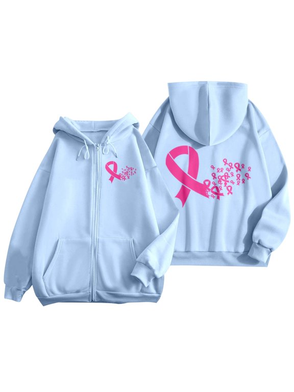 Cancer Awareness Month Hoodies for Women Full Zip up Long Sleeve Pink Ribbon Graphic Hooded Jackets Fall Winter Casual Loose Comfy Preppy Sweatshirt Outerwear