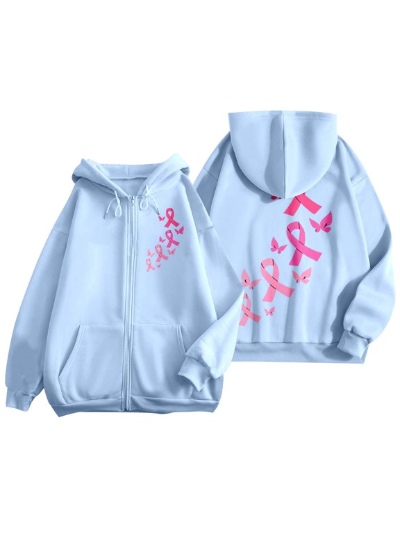 Cancer Awareness Month Hoodies for Women Full Zip up Long Sleeve Pink Ribbon Graphic Hooded Jackets Fall Winter Casual Loose Comfy Preppy Sweatshirt Outerwear
