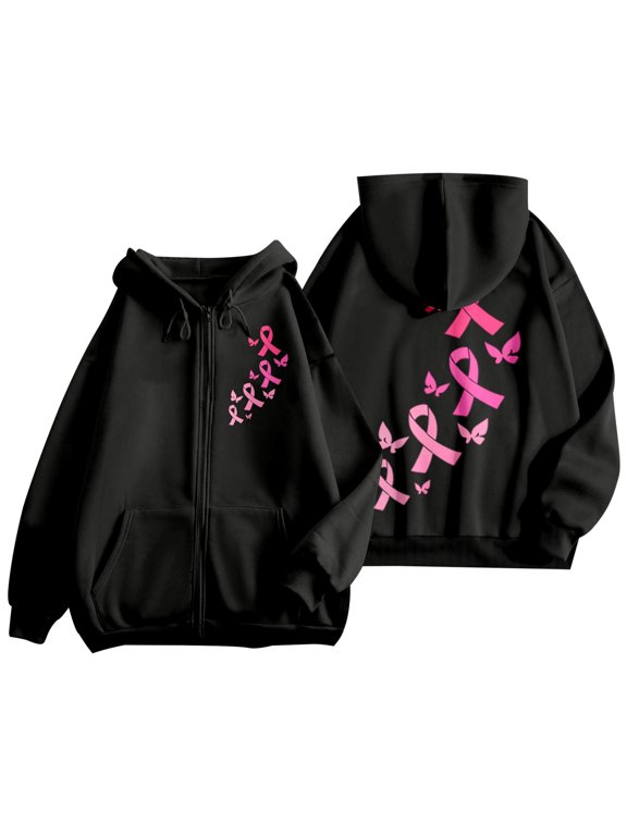 Cancer Awareness Month Hoodies for Women Full Zip up Long Sleeve Pink Ribbon Graphic Hooded Jackets Fall Winter Casual Loose Comfy Preppy Sweatshirt Outerwear