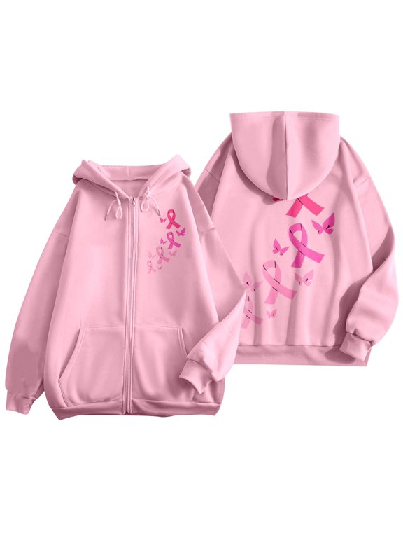 Cancer Awareness Month Hoodies for Women Full Zip up Long Sleeve Pink Ribbon Graphic Hooded Jackets Fall Winter Casual Loose Comfy Preppy Sweatshirt Outerwear