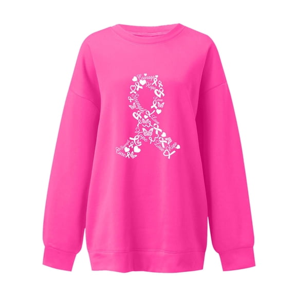 Arlun Cancer Awareness Sweatshirts For Women Crewneck Pink Ribbon Graphic Printed Sweatshirts Cancer Survivor Loose Comfy Long Sleeve Pullover Tops Hot Pink XL