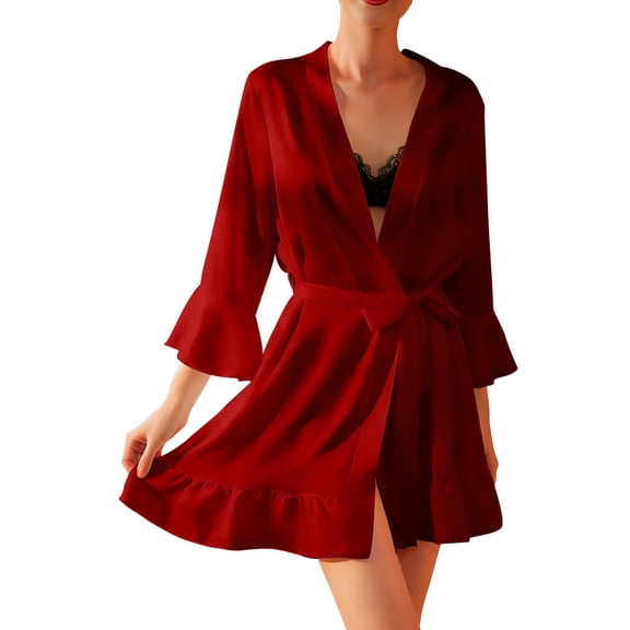 Arlun Bridal Robes for Women Silk Short 3/4 Sleeve Belted Satin V-Neck Lightweight Comfy Loungewear Loose Ruffle Hem Sleepwear Bridal Party Ladies Valentine's Day Robe Red L