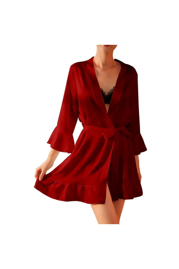 Bridal Robes for Women Silk Short 3/4 Sleeve Belted Satin V-Neck Lightweight Comfy Loungewear Loose Ruffle Hem Sleepwear Bridal Party Ladies Valentine's Day Robe Red M