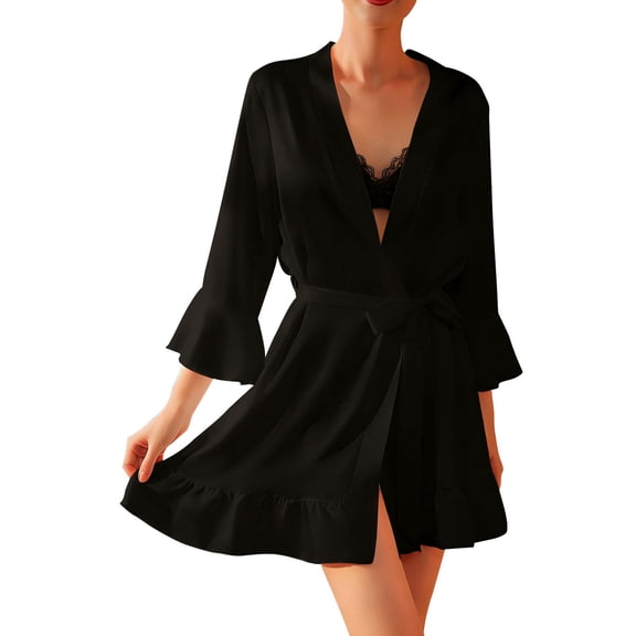 Arlun Bridal Robes for Women Silk Short 3/4 Sleeve Belted Satin V-Neck Lightweight Comfy Loungewear Loose Ruffle Hem Sleepwear Bridal Party Ladies Valentine's Day Robe Black M