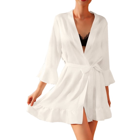 Arlun Bridal Robes for Women Silk Short 3/4 Sleeve Belted Satin V-Neck Lightweight Comfy Loungewear Loose Ruffle Hem Sleepwear Bridal Party Ladies Valentine's Day Robe White L