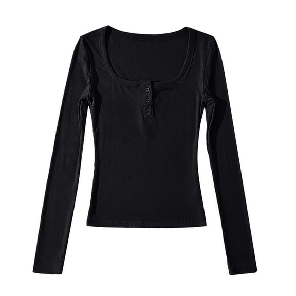 Arlun,Button up V-Neck T Shirts for Women Petite Stretchy Slim Fit Long Sleeve Fall New Tops Ladies Solid Color Round Neck Basic Tee Shirts Black M