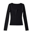 thumbnail image 1 of Arlun,Button up V-Neck T Shirts for Women Petite Stretchy Slim Fit Long Sleeve Fall New Tops Ladies Solid Color Round Neck Basic Tee Shirts Black S, 1 of 4