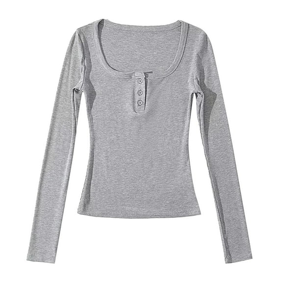 Arlun,Button up V-Neck T Shirts for Women Petite Stretchy Slim Fit Long Sleeve Fall New Tops Ladies Solid Color Round Neck Basic Tee Shirts Grey M