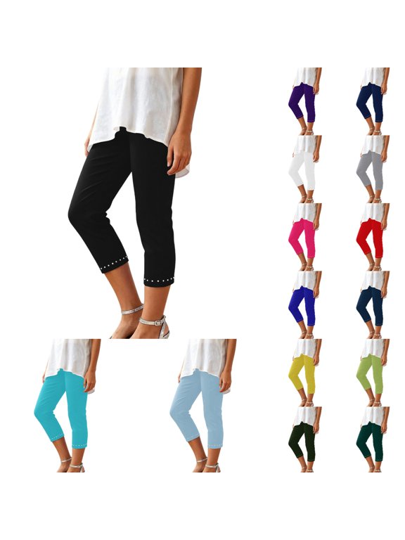 Capri Leggings for Women Summer Rhinestone Solid Color Cropped Leggings Elastic High Waist Yoga Workout Pants Soft Comfortable Slim Fit Compression Joggers Pant 1-Yellow S