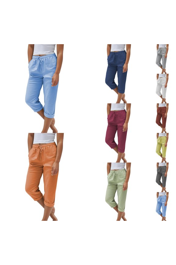 Capri Pants for Women Summer Linen Straight Wide Leg Loose Drawstring Elastic Waist Cropped Trousers Soft Comfortable Breathable Solid Color Basic Beach Capris 1-Orange XXL