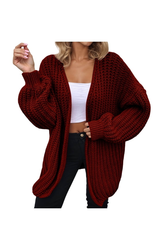 Cardigan Sweater for Women Fall Winter 2025 Trendy Waffle Knit Loose Open Front Dressy Cardigans Soft Cozy Warm Outwear for Work Casual Wear Red XL