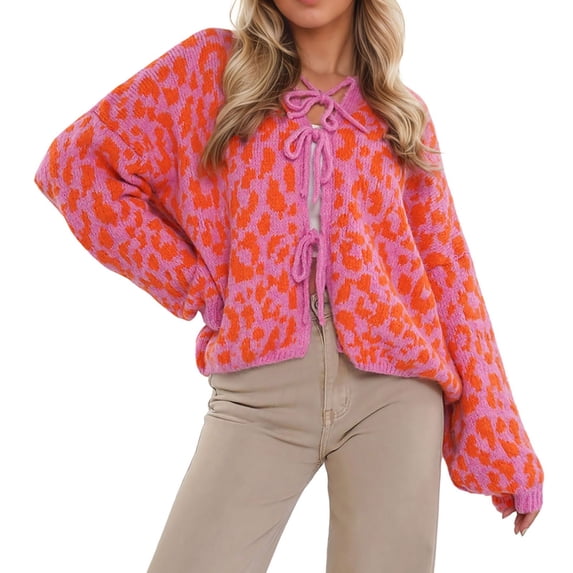 Arlun Cardigan Sweaters for Women Leopard Print Knit Open Front Lace up Sweater Coats Long Sleeve Bow Tie Cropped Cardigan Outwear 2025 Fall Winter Casual Fashion Clothes Orange XL