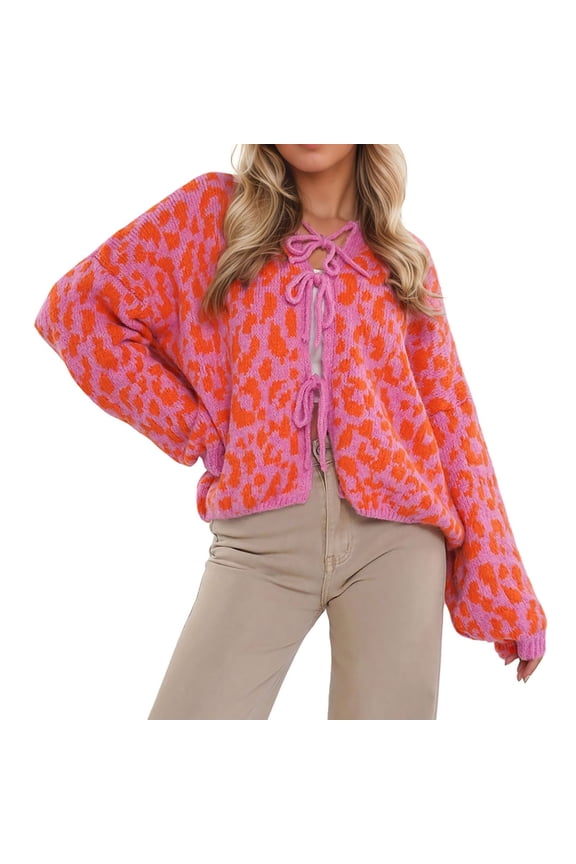 Cardigan Sweaters for Women Leopard Print Knit Open Front Lace up Sweater Coats Long Sleeve Bow Tie Cropped Cardigan Outwear 2025 Fall Winter Casual Fashion Clothes Orange XL