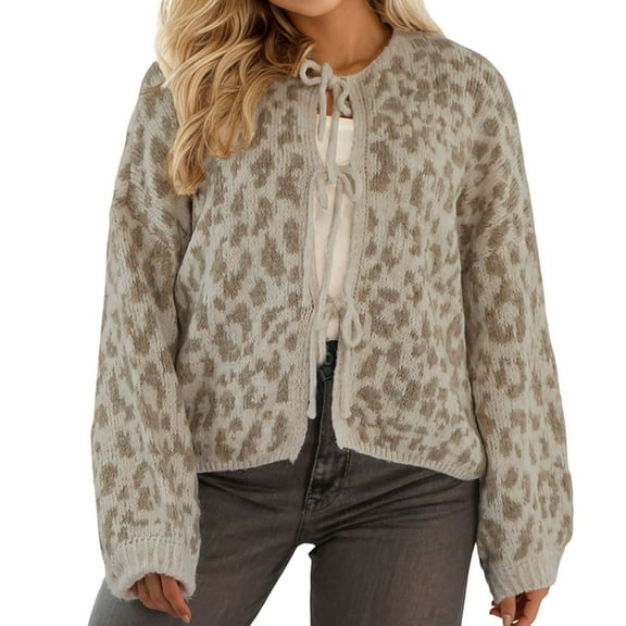 Arlun Cardigan Sweaters for Women Leopard Print Knit Open Front Lace up Sweater Coats Long Sleeve Bow Tie Cropped Cardigan Outwear 2025 Fall Winter Casual Fashion Clothes Khaki M