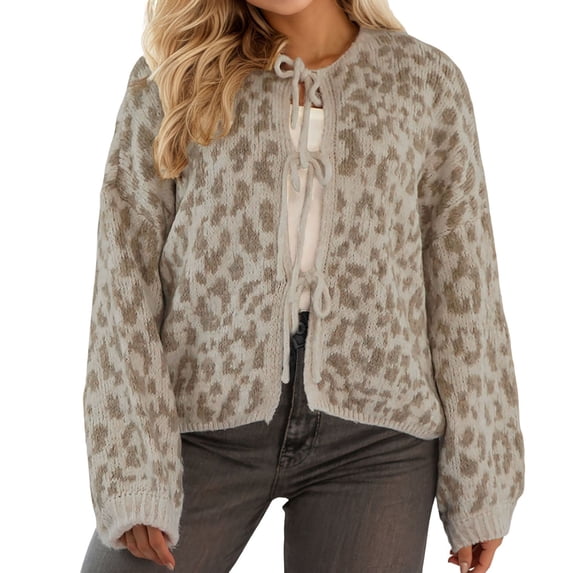 Arlun Cardigan Sweaters for Women Leopard Print Knit Open Front Lace up Sweater Coats Long Sleeve Bow Tie Cropped Cardigan Outwear 2025 Fall Winter Casual Fashion Clothes Khaki S