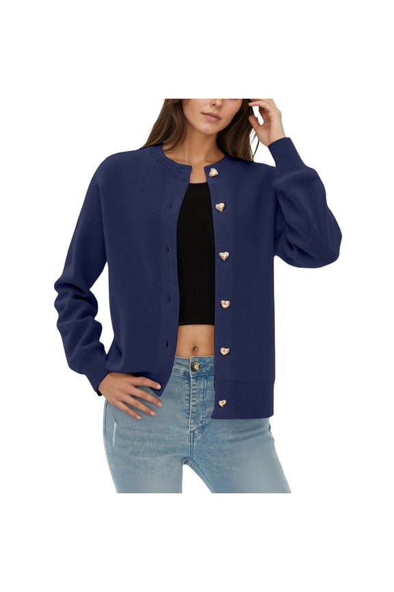 Cardigan Sweaters for Women Trendy Long Sleeve Open Front Button down Jackets Loose Fit Solid Color Soft Comfy Warm Tops 2025 Fall Clothes Winter Coats Navy One Size