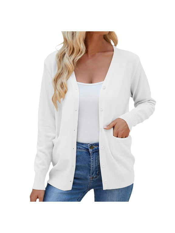 Cardigan Sweaters for Women V-Neck Button down Soft Comfortable Loose Knit Cardigans Lightweight Long Sleeve Fall Fashion Plain Simple Stylish Winter Outwear with Pockets White L