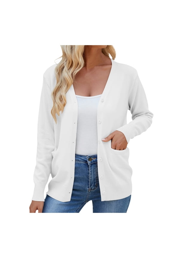 Cardigan Sweaters for Women V-Neck Button down Soft Comfortable Loose Knit Cardigans Lightweight Long Sleeve Fall Fashion Plain Simple Stylish Winter Outwear with Pockets White L