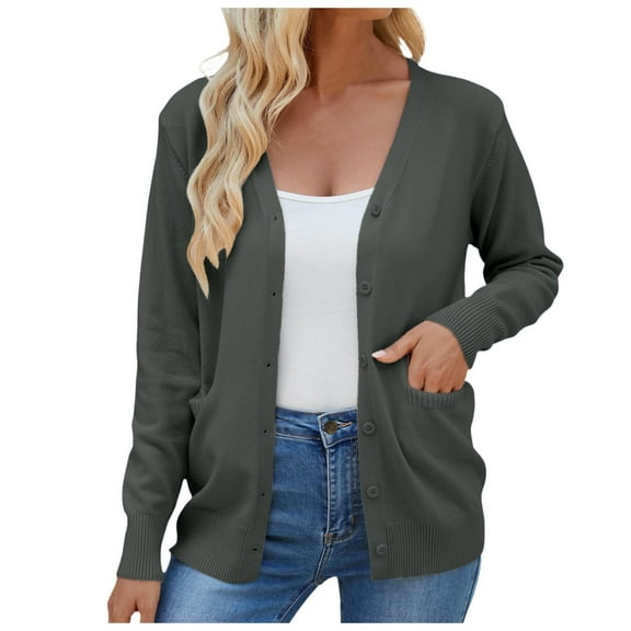 Arlun Cardigan Sweaters for Women V-Neck Button down Soft Comfortable Loose Knit Cardigans Lightweight Long Sleeve Fall Fashion Plain Simple Stylish Winter Outwear with Pockets Dark Gray L