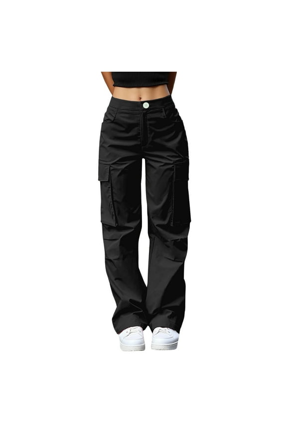 ,Cargo Pants for Women High Waisted Wide Leg Casual Pants Y2k Streetwear Solid Color Straight Leg Baggy Lounge Trousers with Multiple Pockets Black M