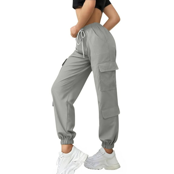 Arlun Cargo Pants Womens Low Waisted Parachute Pants with Multi Pockets Loose Elastic Waist Drawstring Hiking Sweatpants Y2k Basic Solid Color Baggy Comfy Trousers Grey XL