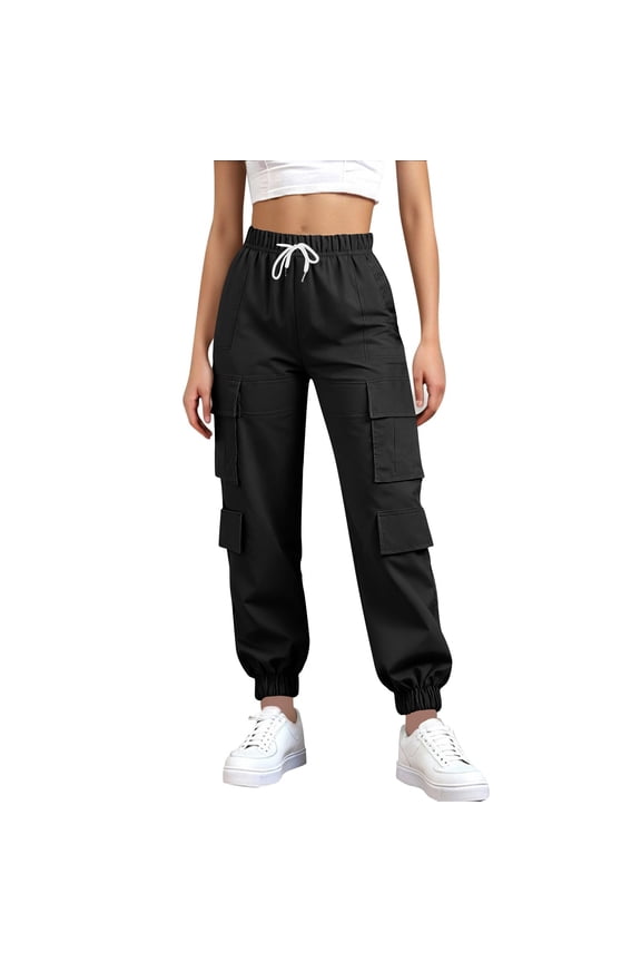 Cargo Pants Womens Low Waisted Parachute Pants with Multi Pockets Loose Elastic Waist Drawstring Hiking Sweatpants Y2k Basic Solid Color Baggy Comfy Trousers Black M