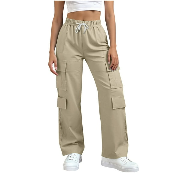 Arlun Cargo Sweatpants for Women Lightweight Casual Wide Leg Baggy Pants Travel Workout Drawstring Elastic Waisted Hiking Joggers with Pockets Khaki M