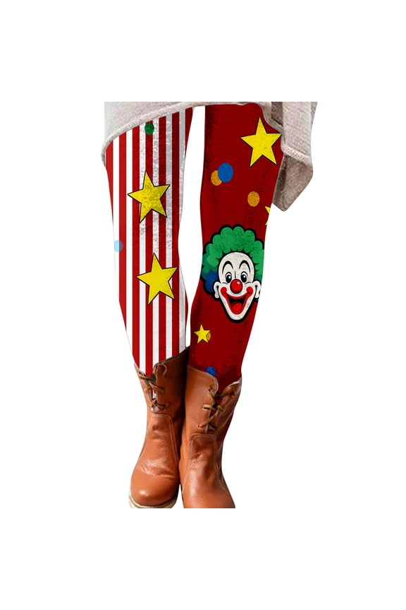 Arlun Carnival Clown Pattern Printed Leggings for Women Trendy Stripe & Wave Point Elastic Waist Holiday Workout Gym Yoga Pants Soft Thin Stretch Slim Fit Tight Base Trousers 1-Red XXL