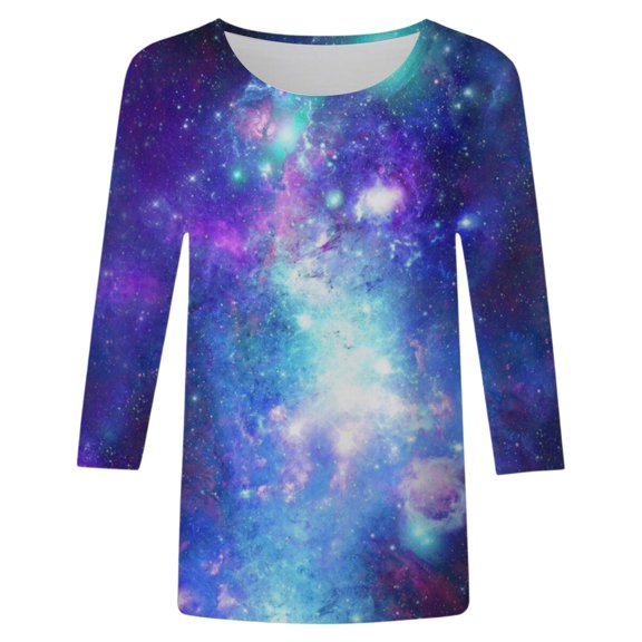 Arlun Carnival Galaxy Planets Printed Crewneck 3/4 Sleeve T-Shirts for Women Lightweight Loose Fit Festival Tops Soft Comfortable Fashion Starry Graphic Pullover Tee 3-Purple XXXL