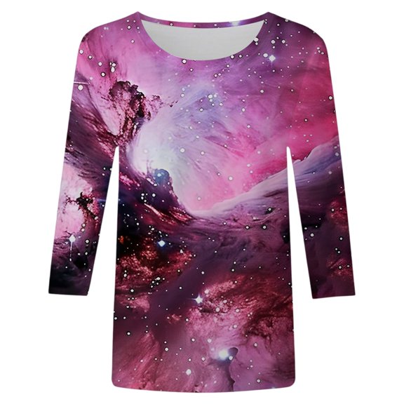 Arlun Carnival Galaxy Planets Printed Crewneck 3/4 Sleeve T-Shirts for Women Lightweight Loose Fit Festival Tops Soft Comfortable Fashion Starry Graphic Pullover Tee 4-Purple XXL